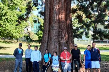 Samedi 18 septembre, pour l'échauffement du cours de fitness les participants prennent l'énergie du séquoia géant qui se trouve dans le parc Chuit de Lancy.